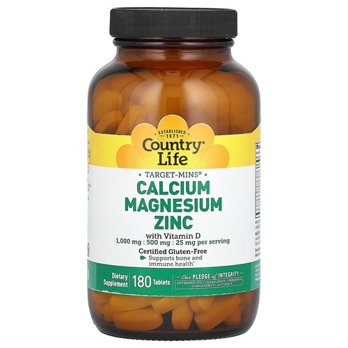 Country Life Target-Mins Calcium Magnesium Zinc 180 Tablets Gluten-Free, GMP