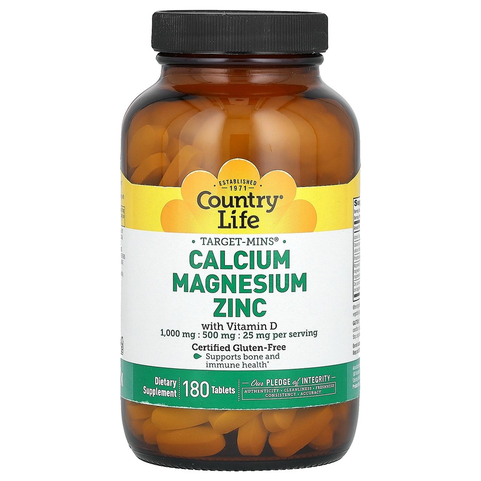 Country Life Target-Mins Calcium Magnesium Zinc 180 Tablets Gluten-Free, GMP