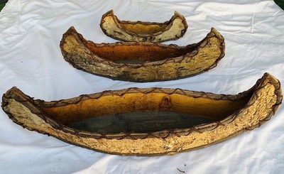 3 Vtg Adirondack Style Handmade~ American White Birch Bark Canoes Home Decor