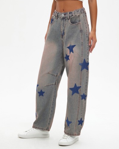 Star Barrel Wide Leg Jeans Women Loose Printed Boyfriend Mid Rise Baggy Denim... - Picture 4 of 6
