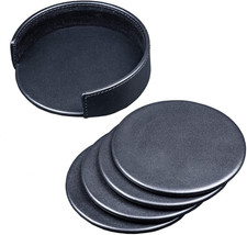 Black Leather 4-Round Coaster Set
