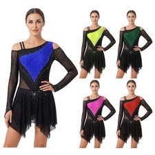 Womens Dancewear Asymmetrical Dress Rhinestone Bodysuit Hem Irregular Lyrical