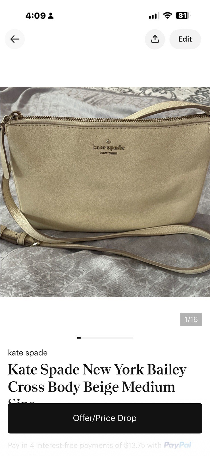 Kate Spade New York Bailey Medium Beige Crossbody Bag Logo Accent Zip Closure