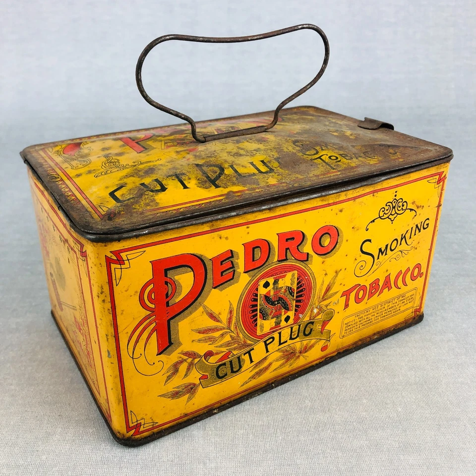 Antigua lonchera de cubo de lata de tabaco con tapón cortado PEDRO 1910 WM S KIMBALL para fumar EE. UU. Foto 2 de 4