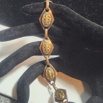 Vintage Copper Diamond Link Bracelet Textured Gold Tone Oval Accents Boho Retro