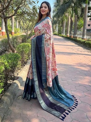 Women Saree Banarasi Soft Silk Fabric Blue Color Border Chex Weaving With Blouse