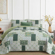 Patchwork Quilt Set King Size 3 Pieces Plaid Floral Bedspread Coverlet Set Green