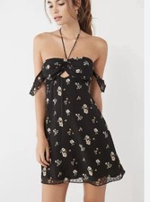 Urban Outfitters Swiss Dot Black Floral Halter Minj Dress, Medium