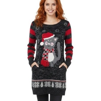 No Boundaries Sweater Womens Small Black Red Cat Christmas Ugly Pullover Festive