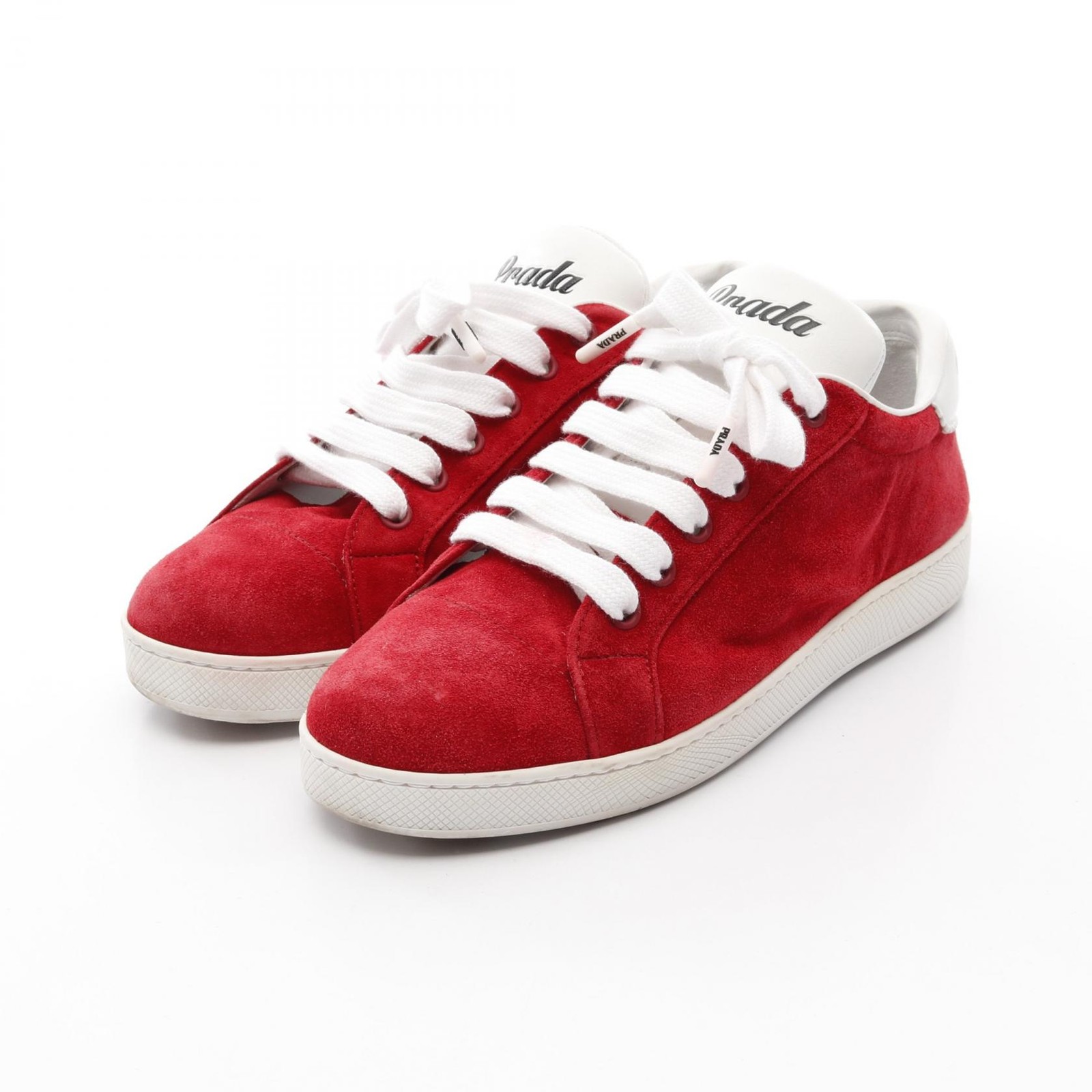 Prada Women's Red White Suede Leather Sneakers 1E565L