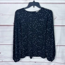 LOFT Top Women S Black Dot Print Blouse Balloon Sleeve Round Neck Pullover Woven