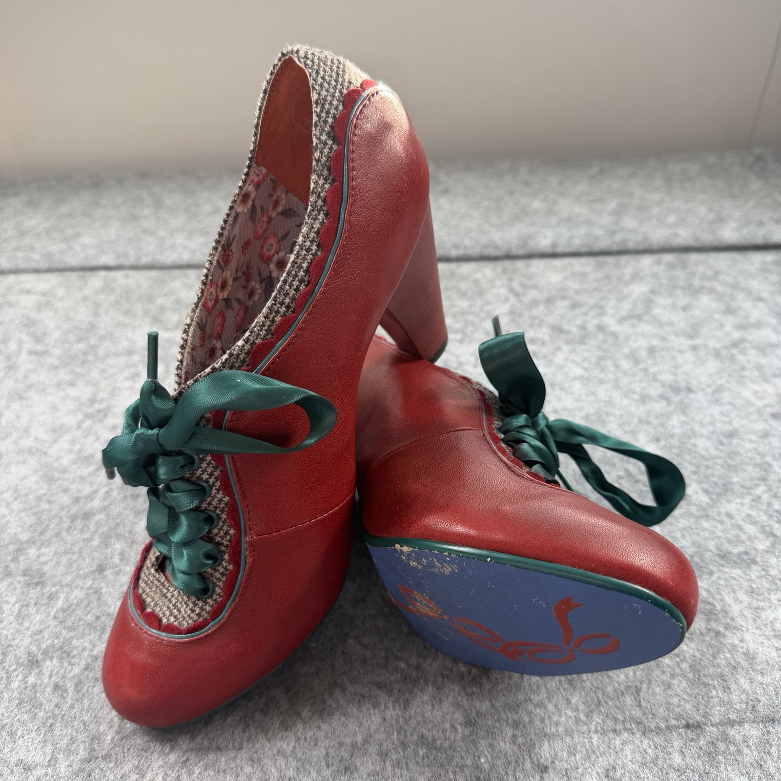 Poetic Licence Red Leather Tweed Trim Ribbon Lace Up Heels Shoes Size UK 5 EU 38