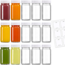 15 Pack 2 oz Glass Shot Bottles w/White Lids  15 Labels - Small Clear Jar for G