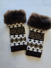 Knitted Mitten Style Gloves With Faux Fur Trim - Brown
