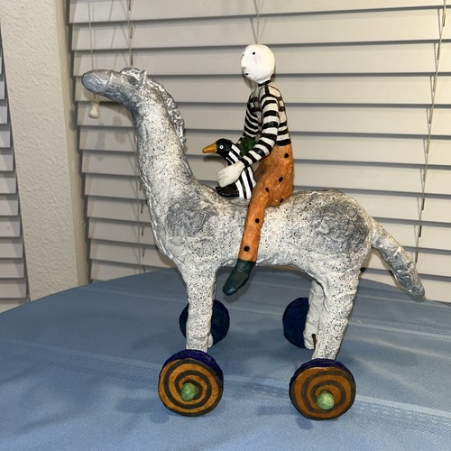 Judie Bomberger  Folk Art Sculpture Toby 2002 TOY HORSE PENGUIN BOY