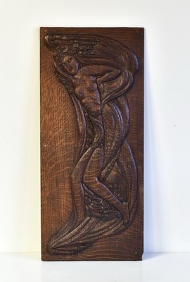 Antique Art Nouveau Aphrodite Venus Handcarved Art Relief on Oak Panel
