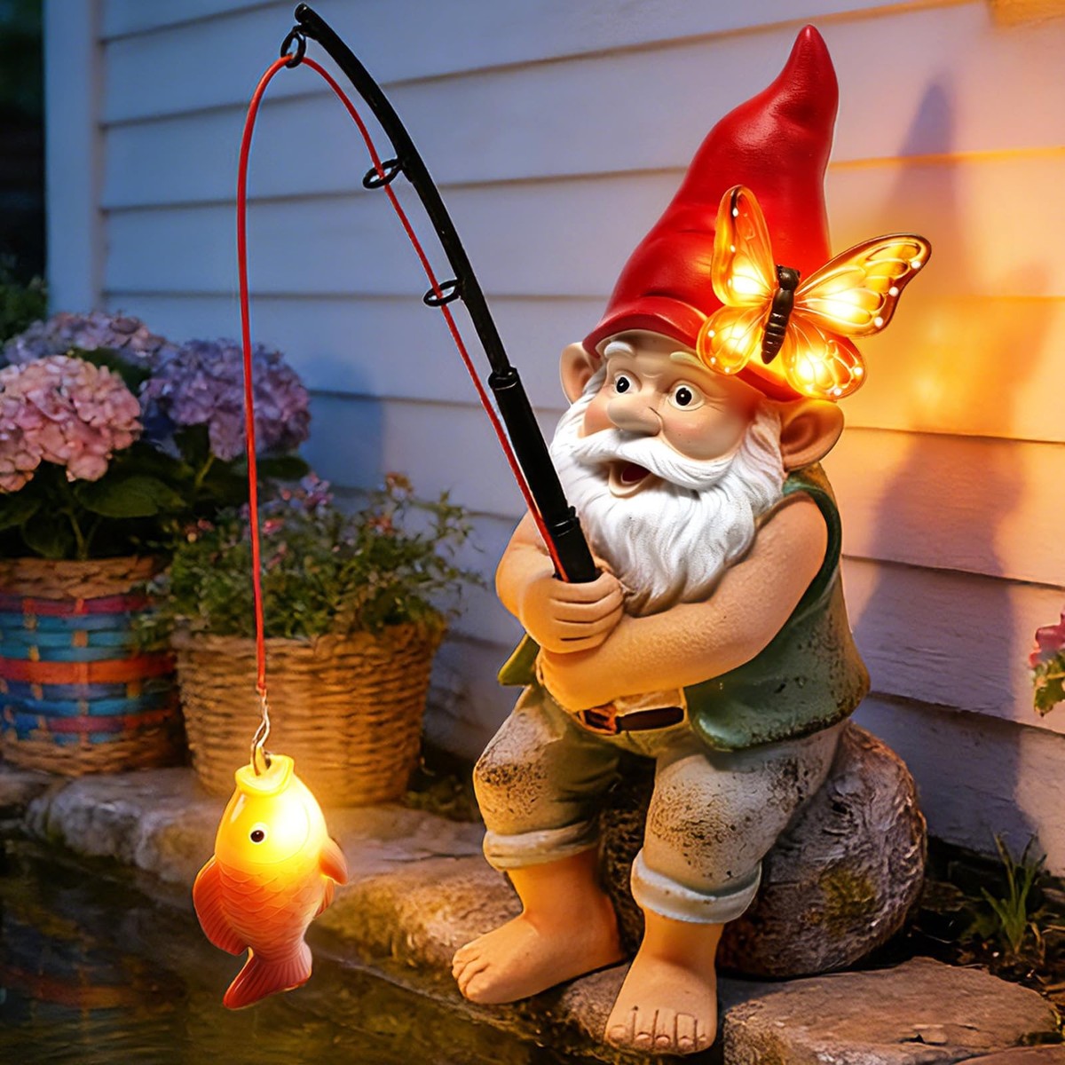 Solar Garden Gnome Statues, Outdoor Fishing Gnome with Butterfly  display picture 1