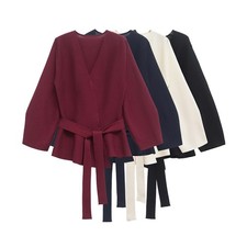 Spring Women Shoulder Belt Knit Blazer Retro V-Neck Long Sleeve Versatile Coat