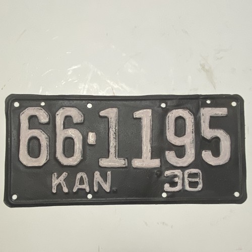 1938 Kansas License Plate Tag KAN 38 #66-1195 Vintage Embossed Black White