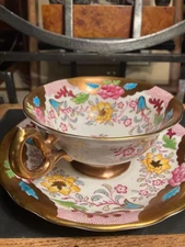Royal Chelsea Bone China England- Golden Floral Tea Cup & Saucer Set-Heavy Gold