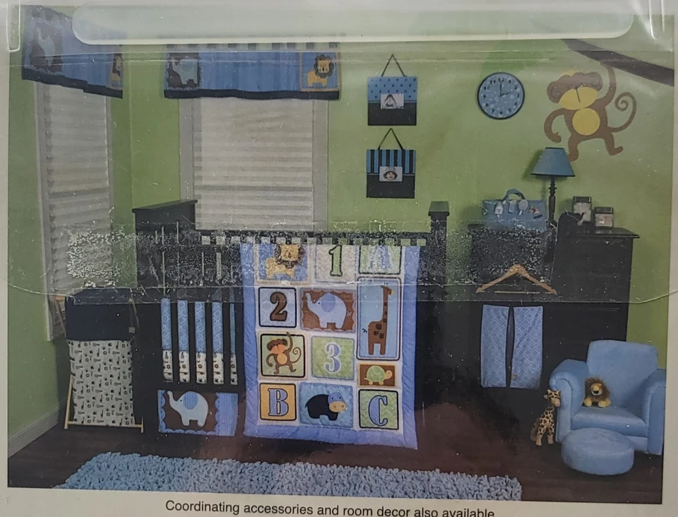 Trend Lab Jungle 123 janela valance azul com leão e elefante 56" X 15" novo na embalagem - Imagem 3 de 3