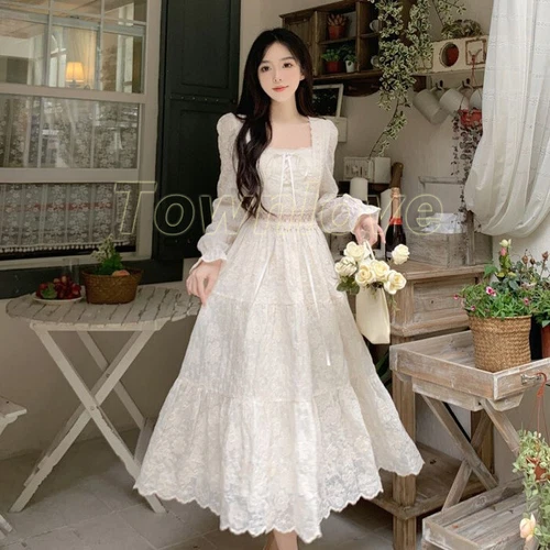 Women Fairy Elegant White Long Sleeve Dresses Lace Dress Vintage Square Collar - Bild 2 von 12
