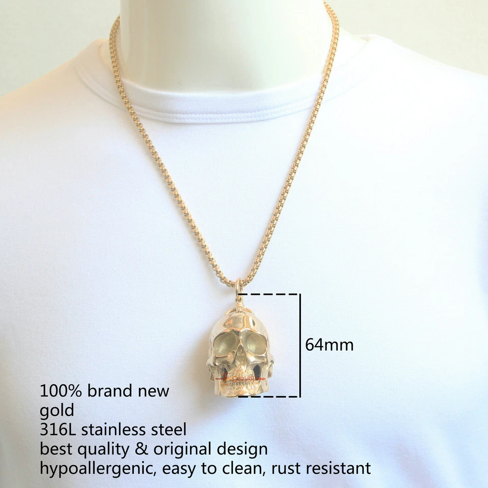 Enorme collar colgante de cadena calavera tono dorado pesado de acero inoxidable 45 g/105 g para hombre Foto 3 de 4
