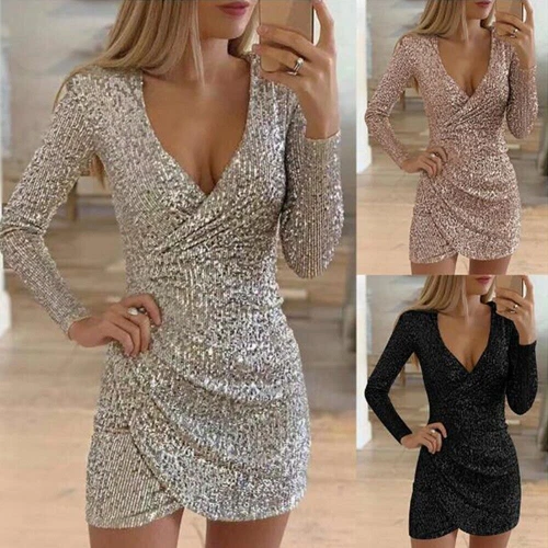 Women Sequin Printed Mini Dress Bodycon Deep V Neck Party Club Cocktail Dress