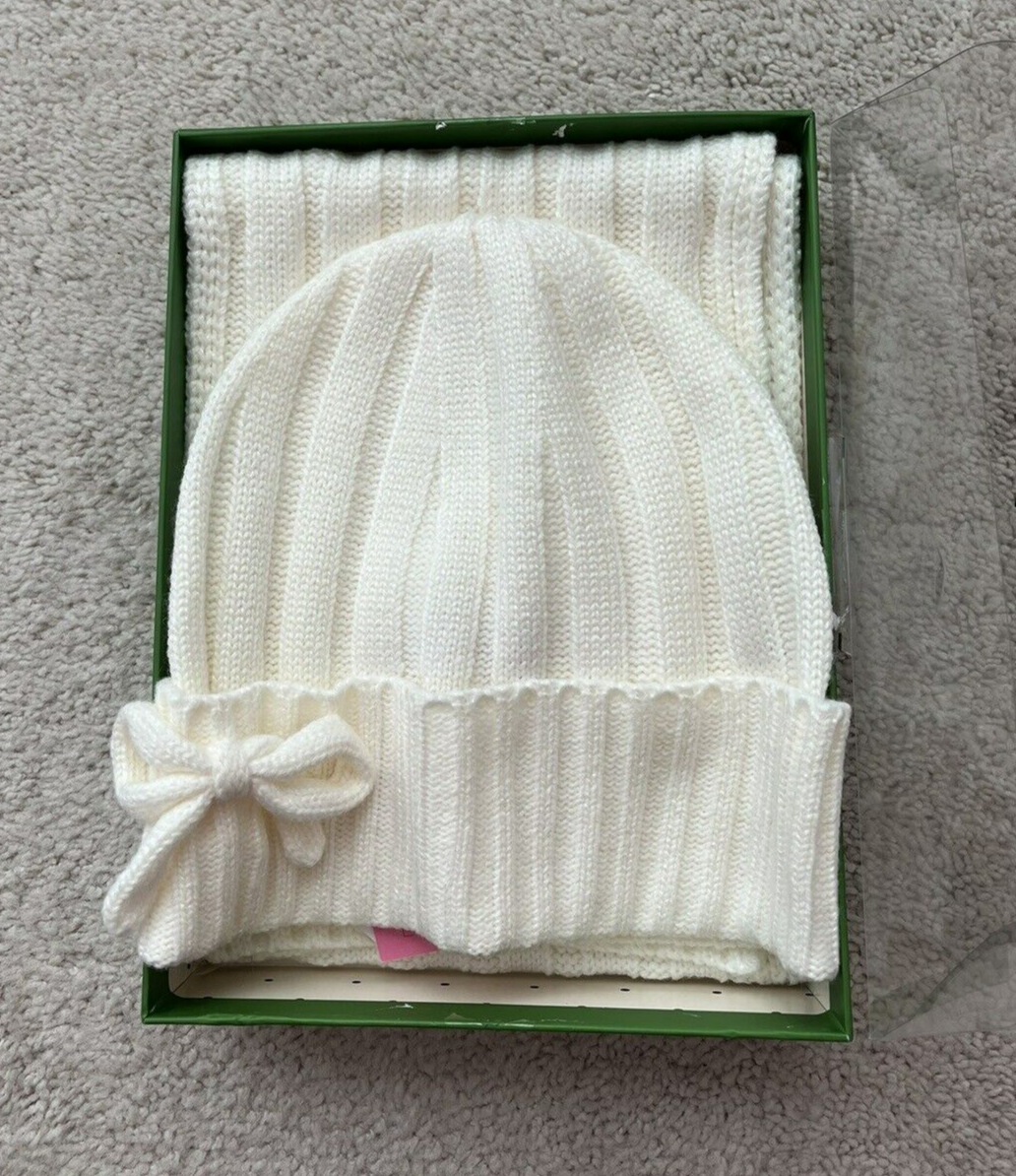 Kate Spade White Bow Scarf and Hat Set New In Box