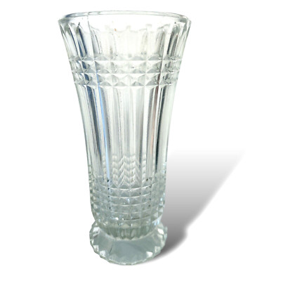 Vtg Faceted Vase Clear Pressed Glass 8'' Block Rib Design Sawtooth Base Floral