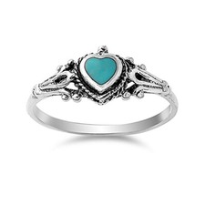 Women 8mm Sterling Silver Simulated Turquoise Vintage Heart Promise Ring Band