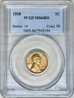 1930 LINCOLN WHEAT PENNY CENT PCGS MS66 RED