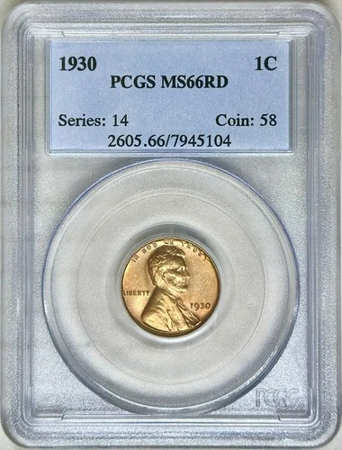 1930 LINCOLN WHEAT PENNY CENT PCGS MS66 RED