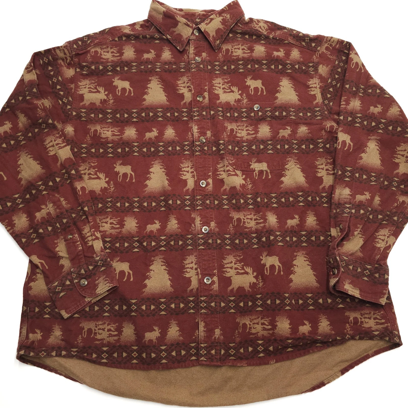 Vintage Cabelas Shirt Mens XL Chamois Flannel Moose Trees Outdoor Red Button Up