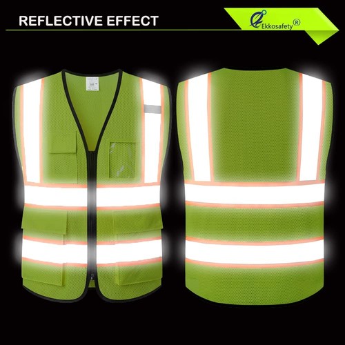 Ekkosafety Reflektierende Netz Sicherheitsweste für Herren Damen mit 5 Taschen und Reißverschluss... - Bild 5 von 7