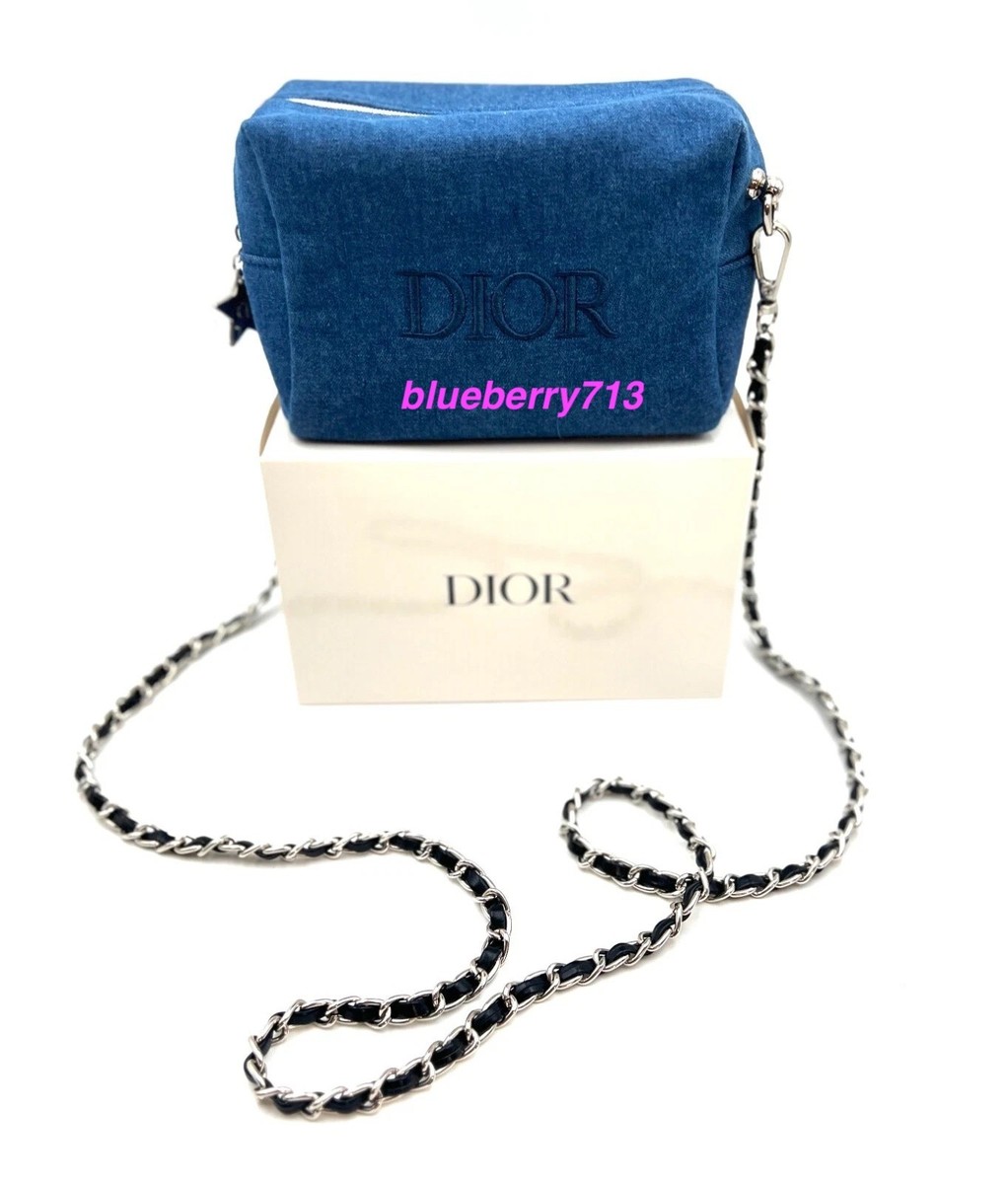 New! Dior Denim Blue Cosmetic Zipper Bag Pouch Clutch with Chain