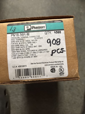 #ad Panduit Pressure Terminal Connector Ring 22 16 AWG Vinyl Crimp 900 Pack $400.00