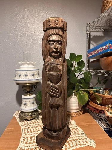 Vintage Three Sided Hand Carved Wood Figural King, Monk, Queen Folk Art