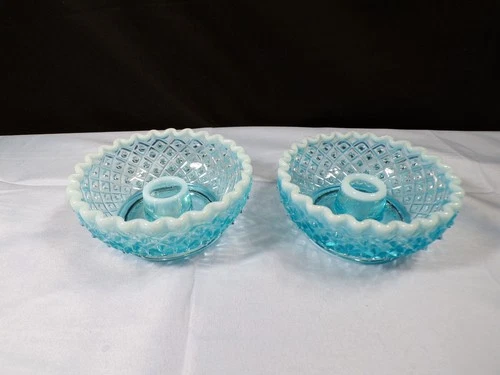 Pair Set of 2 Fenton Blue Opalescent Glass Diamond Lace Candle Holders