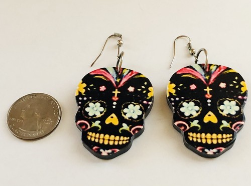 Black Multi Color Day of the Dead Big 2 5/8" Long Thick Lucite Dangle Earrings - Picture 3 of 6