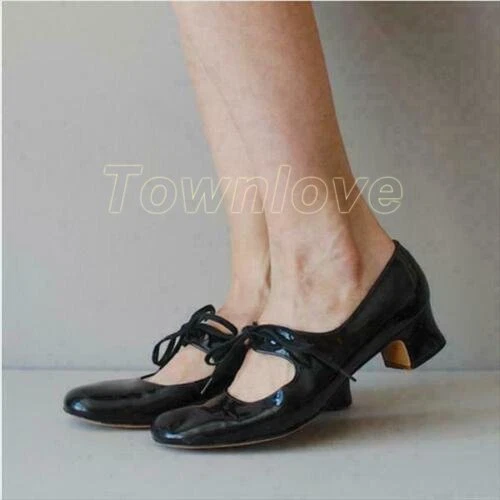 Women Mary Jane Patent Leather Block Mid Heel OL Lace Up Shoes Casual Pumps New - Picture 3 of 6