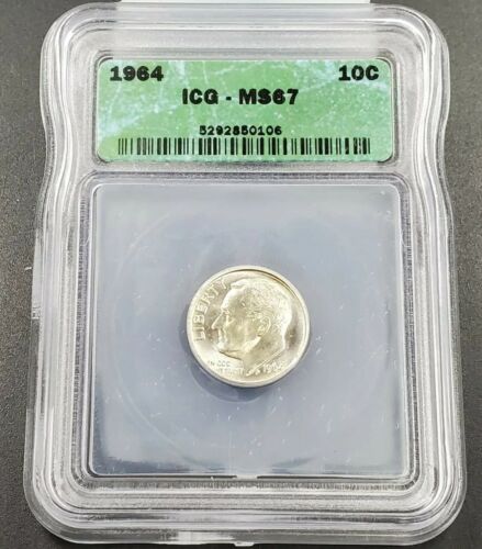 1964 P Roosevelt Silver Dime Coin Vintage ICG MS67 Gem BU Some Toning - Picture 1 of 4