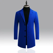 Men's Wool Blend Trench Coat Outwear Overcoat Long Sleeve Button Up Jacket Top