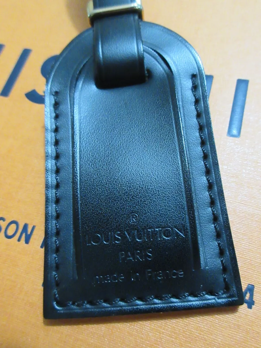 Louis Vuitton Small Black Leather Luggage Tag with brass hw Stamped T.K on  back