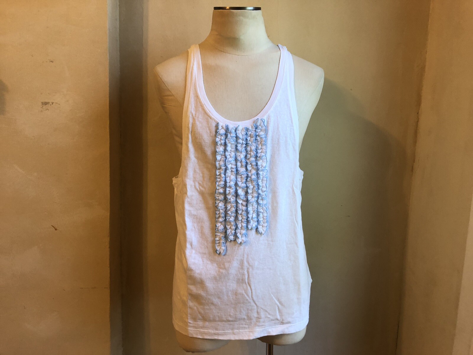 DSQUARED² RUNWAY WHITE BLUE RUFFLES TANK TOP SHIRT L MADE IN ITALY