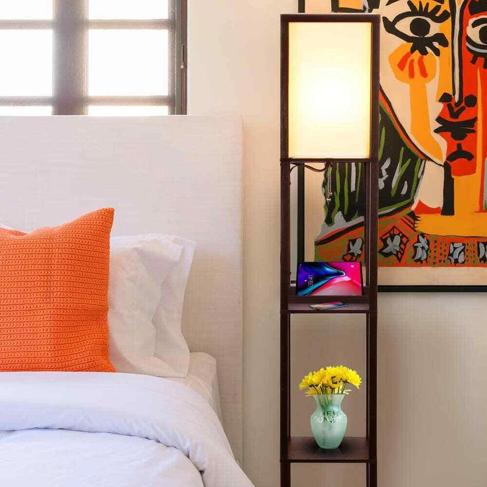 Maxwell 63 pulgadas Lámpara de pie LED marrón moderna de 1 luz USB y carga inalámbrica Foto 4 de 4