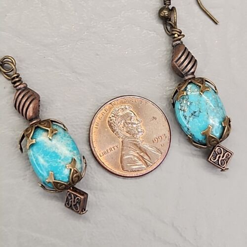 Turquoise Earrings Vtg Dangle Pierced Copper Capped 2.25" - Picture 10 of 10