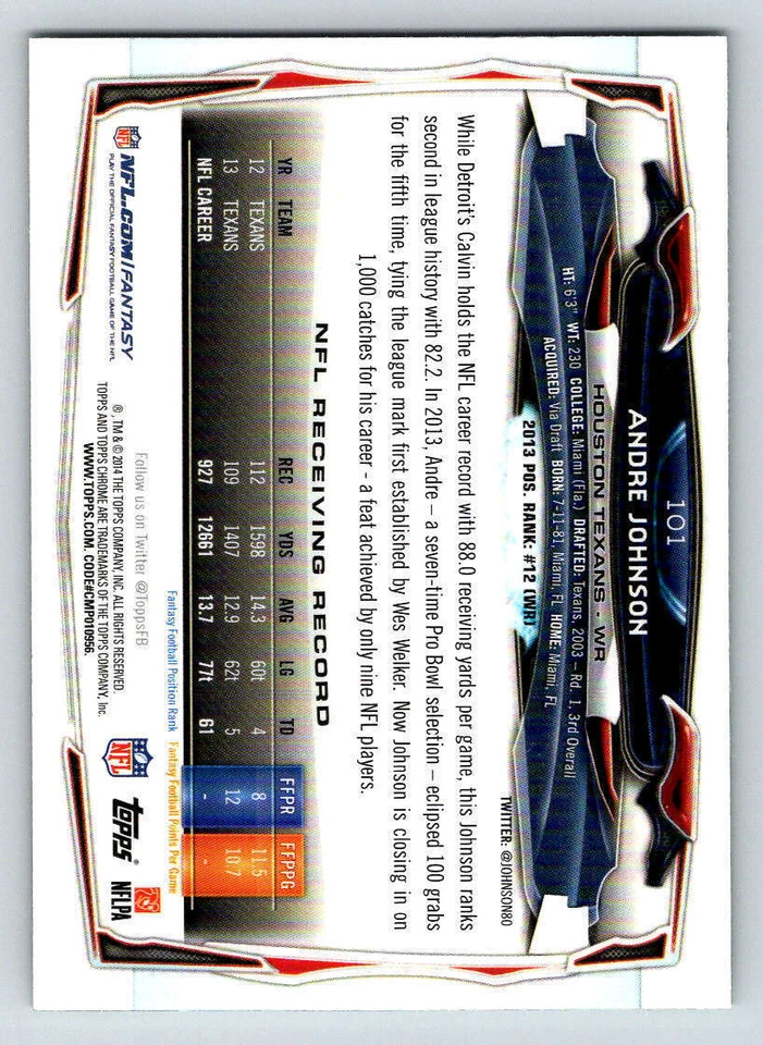 2014 Topps Chrome Green Refractors #101 Andre Johnson (ref 186810) - Image 2 of 2