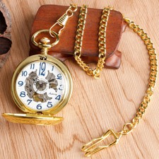 Golden Hand-winding Skeleton Mechanical Steampunk Pendant Pocket Watch FOB Chain