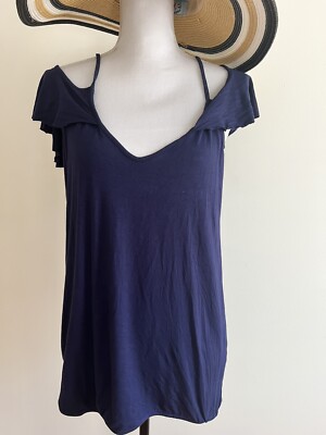 VENUS  NAVY BLUE V NECK FLUTTER / COLD SLEEVE TOP SIZE XL   xcross back